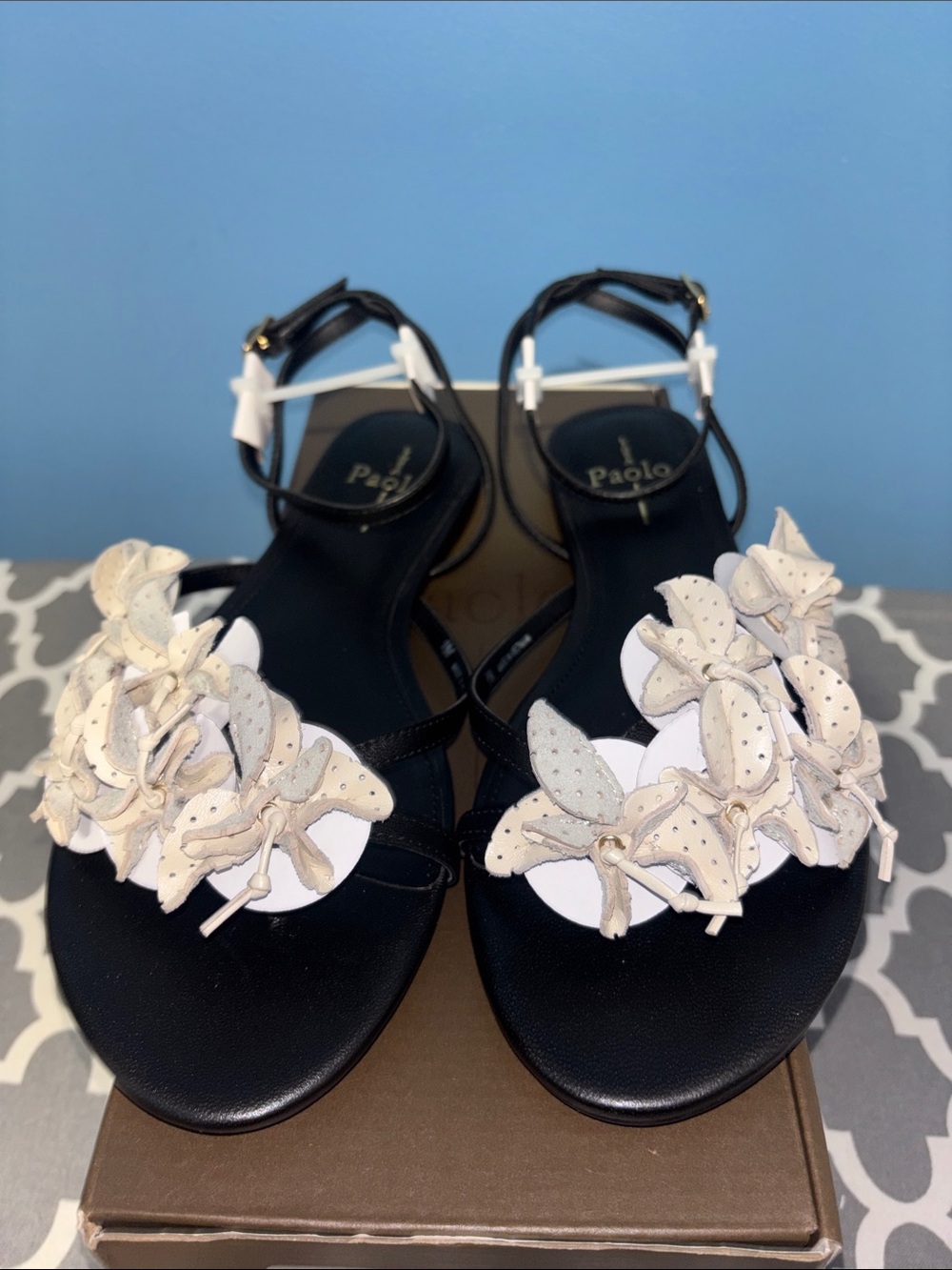 Paolo Black Sandals with Cream Floral Embellishments